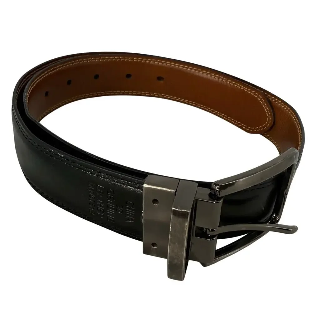 Reversible Leather Belt Mens 30 Black Brown Silver Rotating Buckle Dress Belt